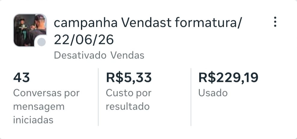 Campanha de vendas formatura 22/06/26: 43 conversas iniciadas, R$ 5,33 por resultado, R$ 229,19 investidos