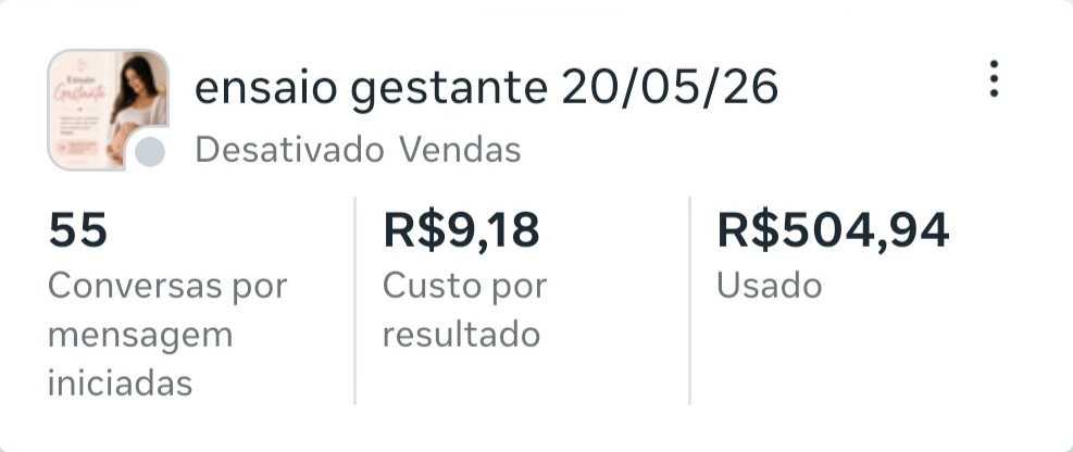 Campanha ensaio gestante 20/05/26: 55 conversas iniciadas, R$ 9,18 por resultado, R$ 504,94 investidos