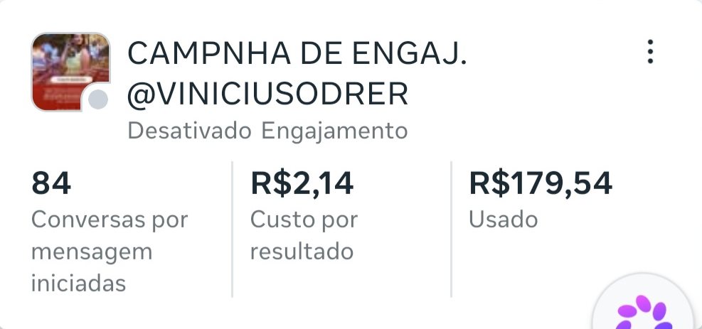 Campanha de engajamento do perfil: 84 conversas iniciadas, R$ 2,14 por resultado, R$ 179,54 investidos