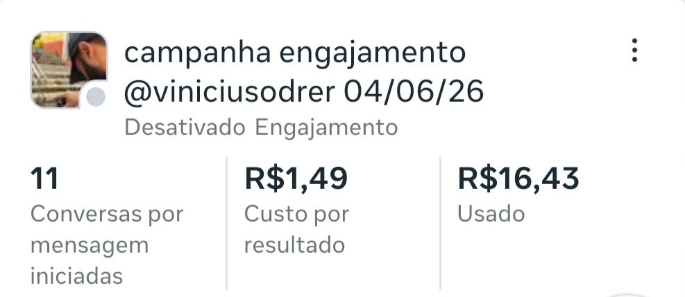 Campanha de engajamento do perfil 04/06/26: 11 conversas iniciadas, R$ 1,49 por resultado, R$ 16,43 investidos